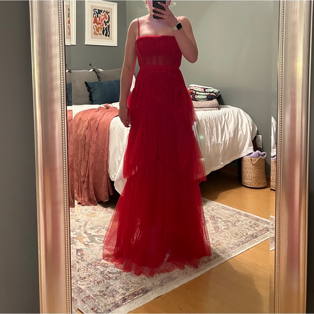Betsy & Adam Red Tiered Tulle Prom Dress - Picture 6 of 10
